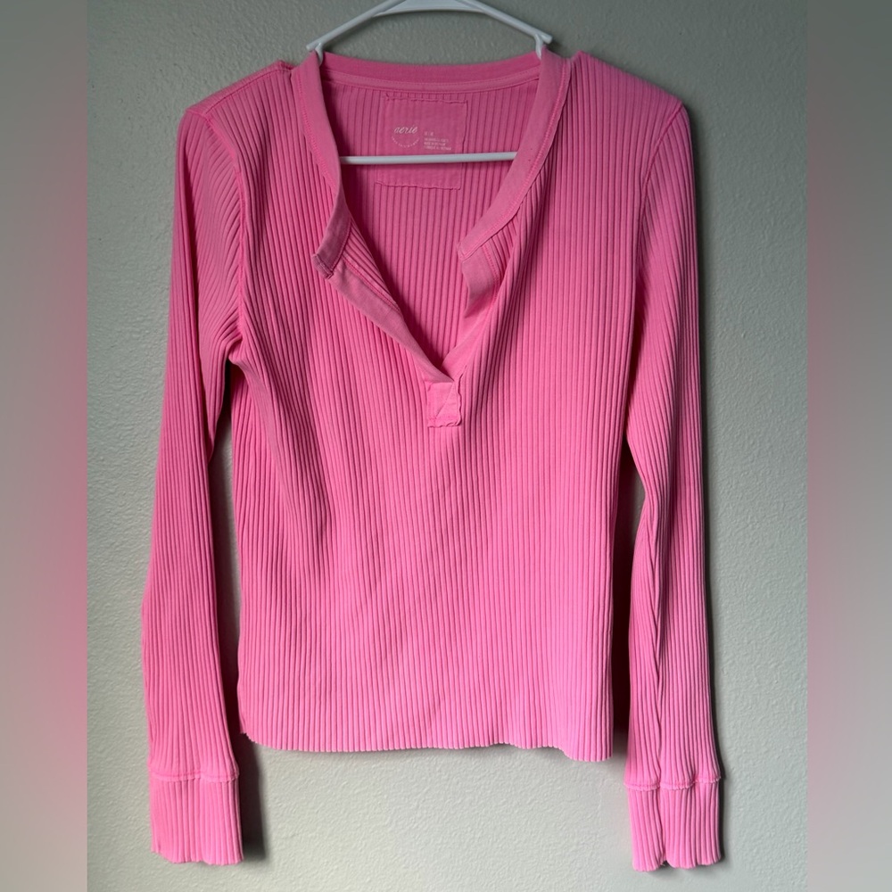 Aerie Vibrant Pink Ribbed Long Sleeve Tee - Picture 2 of 6